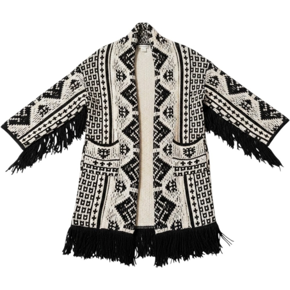 Glamorous Cardigan Sweater XS Black White Fringe Tribal Geometric Boho Aesthetic